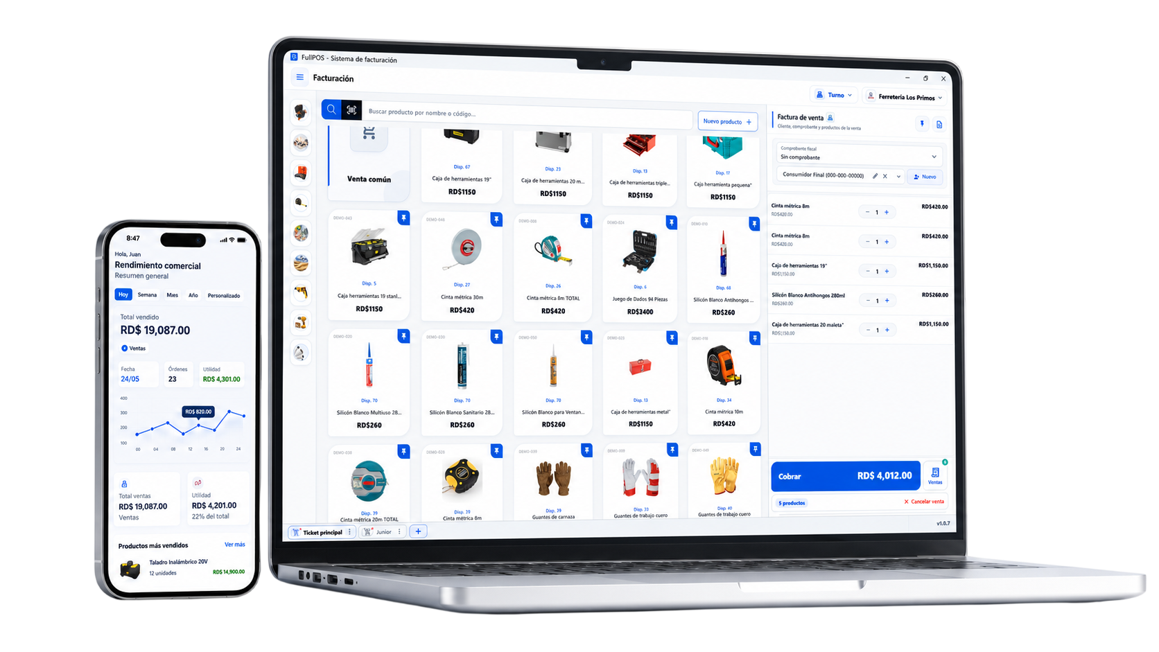 FullPOS en laptop y FullPOS Owner en celular